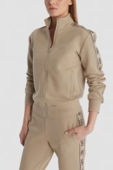 GUESS Beżowa damska bluza rozpinana z lampasami Britney, Rozmiar XS. Brązowe bluzy damskie Guess, xs, z aplikacjami, eleganckie, bez ramiączek, bez kaptura. Za 489.99 zł.