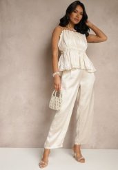 Jasnobeżowe Eleganckie Spodnie o Szerokim Kroju z Satynowym Połyskiem Lionea. Brązowe spodnie materiałowe damskie Renee, bez wzorów, z jeansu, eleganckie. Za 69.99 zł.