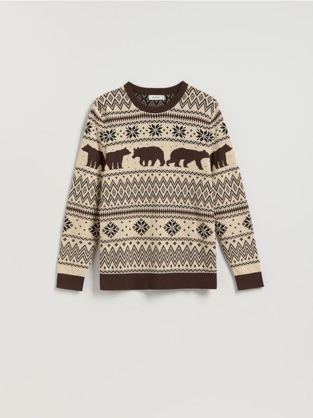 Sweter ze świątecznym motywem - kremowy. Białe swetry męskie Reserved, l, bez wzorów, z bawełny, wizytowe, bez kołnierzyka, bez ramiączek. Za 119.99 zł.