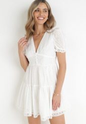 Biała Sukienka z Haftowanej Tkaniny i Falbanami Angelyna. Białe sukienki damskie Born2be, na co dzień, l, z aplikacjami, z tkaniny, eleganckie, bez kołnierzyka, bez ramiączek, mini. Za 139.99 zł.