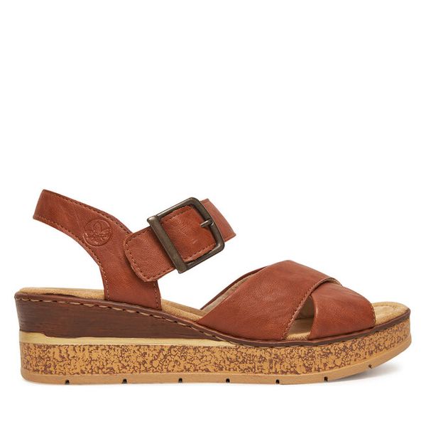Sandały Rieker. Brązowe sandały damskie Rieker, bez wzorów, bez obcasa, na koturnie, bez zapięcia. Za 329.99 zł.