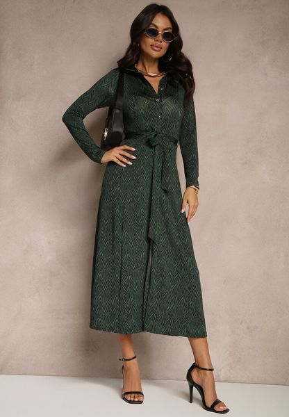 Ciemnozielona Koszulowa Sukienka Midi z Wiązanym Paskiem Xudilla. Zielone sukienki damskie Renee, l, bez wzorów, z materiału, bez kołnierzyka, bez ramiączek, midi, koszulowe. Za 169.99 zł.