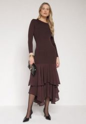 Brązowa Sukienka z Wiskozą o Dopasowanym Kroju z Falbanami u Dołu Vebmara. Brązowe sukienki damskie Born2be, na randkę, m, bez wzorów, z materiału, eleganckie, bez kołnierzyka, bez ramiączek, dopasowane. Za 169.99 zł.