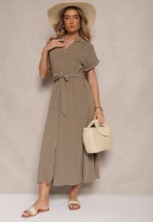 Zielona Bawełniana Sukienka Koszulowa z Wiązanym Paskiem i Krótkim Rękawem Elannoria. Zielone sukienki damskie Renee, na co dzień, m, bez wzorów, z bawełny, eleganckie, bez kołnierzyka, bez ramiączek, maxi, koszulowe. Za 99.99 zł.