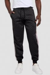GUESS Czarne męskie spodnie dresowe w monogram z lampasami Parimo 4G Cuffed, Rozmiar L. Czarne spodnie sportowe męskie Guess, l, z aplikacjami, z dresówki. W wyprzedaży za 549.99 zł.