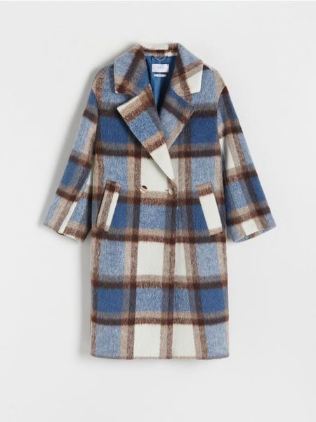 Dwurzędowy płaszcz oversize - wielobarwny. Płaszcze damskie Reserved, l, bez wzorów, z tkaniny, bez kołnierzyka, bez kaptura. W wyprzedaży za 179.99 zł.