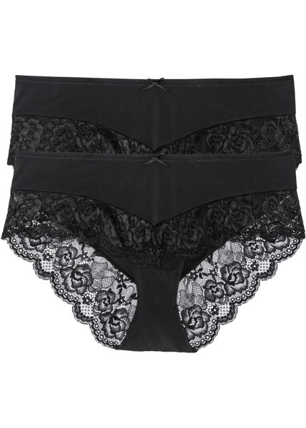 Figi panty (2 pary). Czarne majtki damskie bonprix, z koronki. Za 64.99 zł.