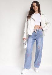 Jasnoniebieskie Szerokie Jeansy z Bawełny Ozdobione Haftem i Materiałowym Paskiem Kaielle. Niebieskie jeansy damskie Born2be, bez wzorów, z bawełny, eleganckie. Za 149.99 zł.