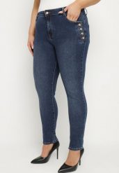 Granatowe Bawełniane Dopasowane Jeansy Ozdobione Guzikami Galwiwi. Niebieskie jeansy damskie Born2be, bez wzorów, z bawełny, eleganckie. Za 24.99 zł.