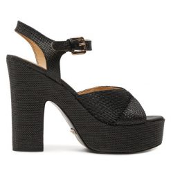 Sandały Guess. Czarne sandały damskie Guess, z aplikacjami, bez obcasa, na słupku, bez zapięcia. Za 519.99 zł.