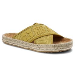 Klapki damskie Big Star, materiał tekstylny z szerokim paskiem z logo na cholewce miękką wkładką, żółte, JJ274A409. Żółte klapki damskie BIG STAR, na lato, bez wzorów, z materiału, retro, bez obcasa, bez zapięcia. Za 109.00 zł.