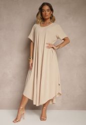 Beżowa Sukienka z Bawełną o Rozkloszowanym Kroju Lilzedi. Brązowe sukienki damskie Renee, na co dzień, na lato, xl, bez wzorów, z bawełny, eleganckie, bez kołnierzyka, bez ramiączek, midi, rozkloszowane. Za 54.99 zł.