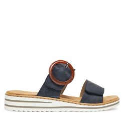 Klapki Rieker. Niebieskie klapki damskie Rieker, bez wzorów, bez obcasa, bez zapięcia. Za 179.99 zł.