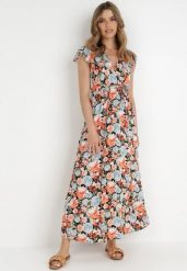 Czarno-Niebieska Sukienka Iraris. Niebieskie sukienki damskie Born2be, na lato, l, bez wzorów, z materiału, bez kołnierzyka, bez ramiączek, maxi, kopertowe. Za 79.99 zł.