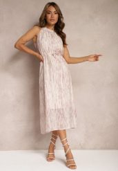 Jasnoróżowa Rozkloszowana Sukienka Wieczorowa z Dekoltem Halter i Broszką w Kształcie Kwiatu Previiana. Czerwone sukienki damskie Renee, bez wzorów, eleganckie, bez kołnierzyka, bez ramiączek, maxi, rozkloszowane. Za 149.99 zł.