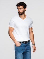 Klasyczna męska bawełniana koszulka z dekoltem w serek BASIC – biała V4 - Rozmiar: M. Białe t-shirty męskie Ombre Clothing, m, bez wzorów, z bawełny, bez kołnierzyka, bez ramiączek. W wyprzedaży za 29.99 zł.