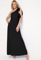 Czarna Asymetryczna Sukienka o Rozkloszowanym Fasonie z Ozdobnymi Falbankami przy Ramionach Virama. Czarne sukienki damskie Born2be, na imprezę, m, bez wzorów, eleganckie, z asymetrycznym kołnierzem, bez ramiączek, maxi, asymetryczne. Za 149.99 zł.