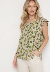 Zielono-Beżowa Bawełniana Bluzka w Kwiaty Naperia. Zielone bluzki damskie Born2be, l, bez wzorów, z bawełny, eleganckie, bez kołnierzyka, bez ramiączek. Za 34.99 zł.