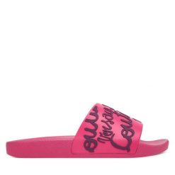 Klapki Versace Jeans Couture. Czerwone klapki damskie Versace Jeans Couture, bez wzorów, z jeansu, bez obcasa, bez zapięcia. Za 249.99 zł.