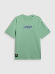 4F T-shirt loose z nadrukiem męski - miętowy M. Niebieskie t-shirty męskie 4F, m, bez wzorów, z materiału, bez kołnierzyka, bez ramiączek. Za 69.99 zł.
