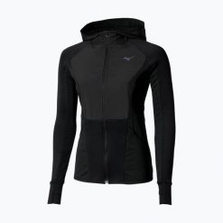 Kurtka do biegania damska Mizuno Active Warm Hybrid Full Zip Hooded. Czarne kurtki sportowe damskie Mizuno, bez wzorów, bez ramiączek, bez kaptura, do biegania. Za 269.99 zł.