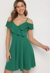 Zielona Sukienka Rozkloszowana na Ramiączkach z Falbankami Polauri. Zielone sukienki damskie Born2be, na co dzień, m, bez wzorów, eleganckie, bez kołnierzyka, bez ramiączek, mini, rozkloszowane. Za 79.99 zł.