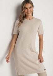 Beżowa Dzianinowa Sukienka z Wiskozą o T-shirtowym Kroju z Ozdobnymi Guziczkami Arissana. Brązowe sukienki damskie Born2be, na spotkanie biznesowe, s, bez wzorów, z dzianiny, eleganckie, bez kołnierzyka, bez ramiączek, mini. Za 69.99 zł.