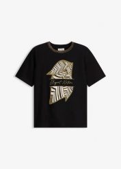 T-shirt z bawełny organcznej. Czarne t-shirty damskie bonprix, bez wzorów, z bawełny, eleganckie, bez kołnierzyka, bez ramiączek. Za 67.99 zł.