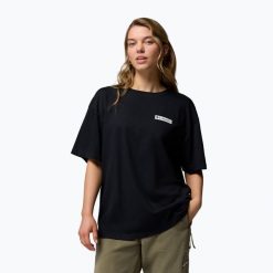 Koszulka trekkingowa damska Columbia Rolling Bend Graphic Oversized Tee. Czarne bluzki damskie Columbia, bez wzorów, casualowe, bez kołnierzyka, bez ramiączek. Za 109.99 zł.