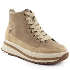 Skórzane botki damskie na platformie beżowe Rieker W3871-60. Brązowe botki damskie Rieker, bez wzorów, ze skóry, bez obcasa, na platformie, bez zapięcia. Za 285.35 zł.