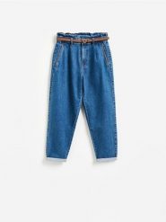 Jeansy paperbag z paskiem - granatowy. Niebieskie jeansy damskie Reserved, bez wzorów, z bawełny. Za 139.99 zł.
