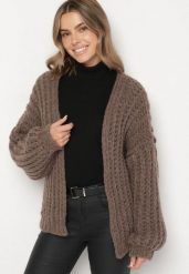 Brązowy Niezapinany Kardigan Oversize z Domieszką Wełny i Wiskozy Tianavia. Brązowe kardigany damskie Born2be, bez wzorów, z jeansu, bez kołnierzyka. Za 169.99 zł.