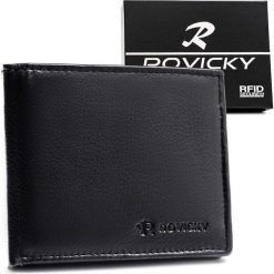 Mały, czarny portfel męski ze skóry naturalnej wyposażony w system RFID - Rovicky. Czarne portfele męskie ROVICKY, bez wzorów, ze skóry. Za 45.00 zł.