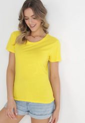 Żółty Gładki T-shirt z Bawełny z Krótkim Rękawem Charise. Żółte t-shirty damskie Born2be, l, bez wzorów, z bawełny, bez kołnierzyka, bez ramiączek. Za 29.99 zł.