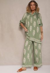 Zielony Komplet Oversize w Stylu Rustykalnym Długa Koszula i Szerokie Spodnie Mepilara. Zielone koszule damskie Renee, m, bez wzorów, eleganckie, bez kołnierzyka, bez ramiączek. Za 89.99 zł.