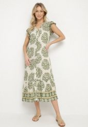 Zielona Koszulowa Sukienka z Wiskozą i Geometrycznym Wzorem Siledia. Zielone sukienki damskie Born2be, na co dzień, l, bez wzorów, z jeansu, eleganckie, bez kołnierzyka, bez ramiączek, midi, koszulowe. Za 84.99 zł.