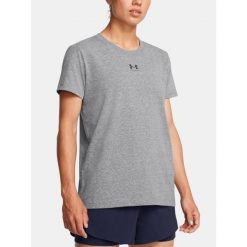 Koszulka damska Under Armour Rival Core SS. Szare bluzki damskie Under Armour, bez wzorów, sportowe, bez kołnierzyka, bez ramiączek. Za 119.99 zł.