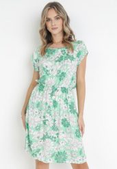 Zielona Wiskozowa Sukienka Mini w Kwiaty z Gumką w Pasie Charmain. Zielone sukienki damskie Born2be, na lato, l, bez wzorów, z wiskozy, bez kołnierzyka, bez ramiączek, midi, rozkloszowane. Za 39.99 zł.