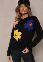 Czarny Sweter z Dodatkiem Wiskozy Ozdobiony Kwiatami 3D Nanivia. Czarne swetry nierozpinane damskie Renee, z aplikacjami, z jeansu, casualowe, bez kołnierzyka, bez ramiączek. Za 69.99 zł.