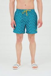 GUESS Szorty kąpielowe niebiesko-granatowe. Niebieskie kąpielówki męskie Guess, m, z aplikacjami, z poliesteru. W wyprzedaży za 263.99 zł.