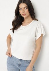 Biały Bawełniany T-shirt Nietoperz z Perłami i Koronką Eleziria. Białe t-shirty damskie Born2be, l, bez wzorów, z bawełny, bez kołnierzyka, bez ramiączek. Za 34.99 zł.