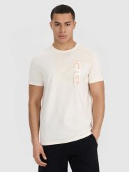4F T-shirt regular z nadrukiem męski - beżowy XL. Brązowe koszulki sportowe męskie 4F, m, bez wzorów, z bawełny, bez ramiączek. W wyprzedaży za 49.99 zł.