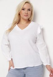 Biała Bluzka z Bawełny z Długim Rękawem i Falbanką Pixela. Białe bluzki damskie Born2be, xl, z aplikacjami, z bawełny, eleganckie, bez kołnierzyka, bez ramiączek. Za 39.99 zł.