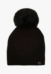 Czarna Czapka z Wiskozą Zdobiona Cyrkoniami i Futrzanym Pomponem Jackilda. Czarne czapki damskie Born2be, na zimę, z aplikacjami, z dzianiny, eleganckie. Za 49.99 zł.