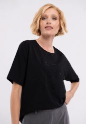 T-shirt z napisem, Comfort Fit, T-FANTASTICO. Czarne t-shirty damskie Volcano, m, bez wzorów, z bawełny, bez kołnierzyka, bez ramiączek. Za 59.99 zł.