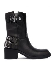 Guess Botki FLTM2W ELE10 Czarny. Czarne botki damskie Guess, z aplikacjami, ze skóry, bez obcasa, na słupku, bez zapięcia. Za 764.99 zł.