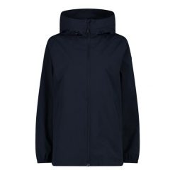 Damska wodoodporna kurtka zapinana na zamek CMP. Niebieskie kurtki sportowe damskie CMP, bez wzorów, bez ramiączek, bez kaptura, trekkingowe. W wyprzedaży za 189.99 zł.