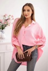 Koszula bawełniana muślinowa Plus Size cukierkowy róż. Czerwone koszule damskie Kesi Włoski, l, bez wzorów, z bawełny, bez kołnierzyka, bez ramiączek. Za 188.21 zł.