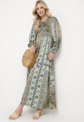 Zielona Sukienka w Stylu Boho z Rozkloszowanym Dołem i Bufiastymi Rękawami Ertiana. Zielone sukienki damskie Born2be, na co dzień, l, bez wzorów, z materiału, boho, bez kołnierzyka, bez ramiączek, maxi, proste. Za 79.99 zł.