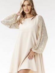 Sukienka Model A694 Beige - awama. Brązowe sukienki damskie Awama, l, bez wzorów, z elastanu, eleganckie, bez kołnierzyka, bez ramiączek, mini, dopasowane. Za 412.33 zł.